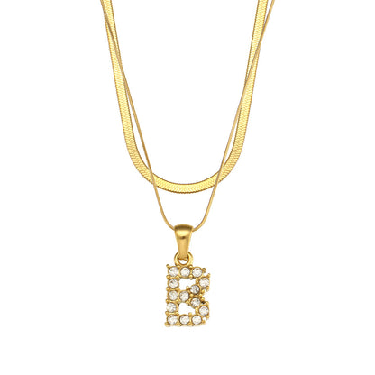 Fashion 18k Gold Plated Double-layer Chain Zircon Letter Stainless Steel Necklace