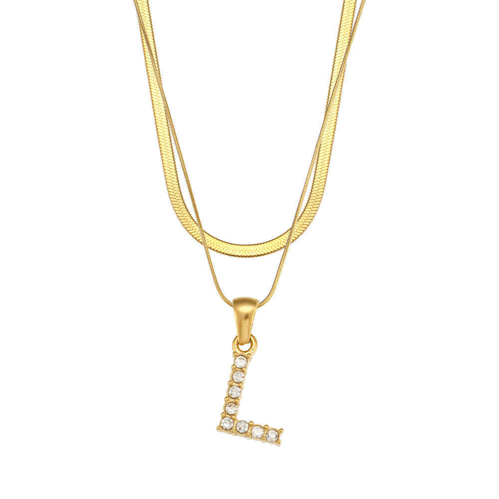 Fashion 18k Gold Plated Double-layer Chain Zircon Letter Stainless Steel Necklace