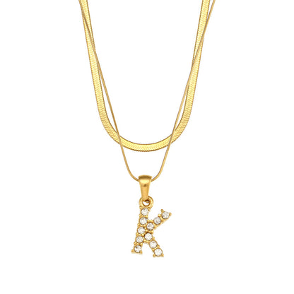 Fashion 18k Gold Plated Double-layer Chain Zircon Letter Stainless Steel Necklace