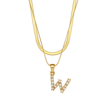 Fashion 18k Gold Plated Double-layer Chain Zircon Letter Stainless Steel Necklace