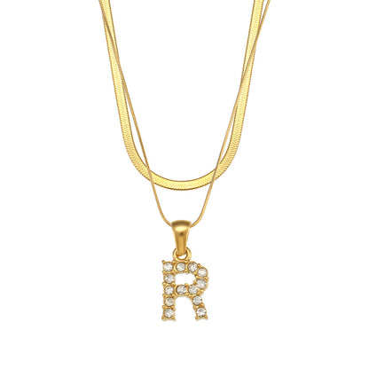 Fashion 18k Gold Plated Double-layer Chain Zircon Letter Stainless Steel Necklace