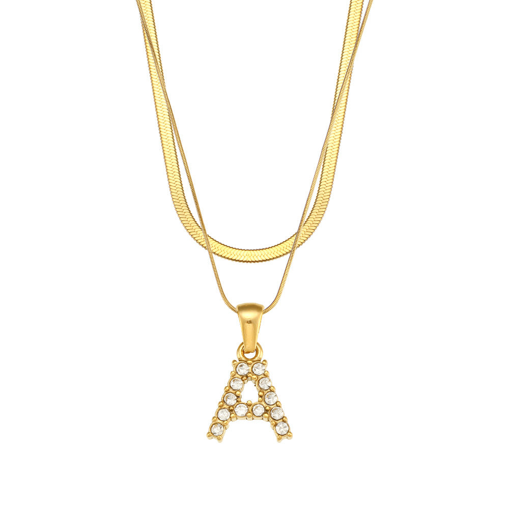 Fashion 18k Gold Plated Double-layer Chain Zircon Letter Stainless Steel Necklace