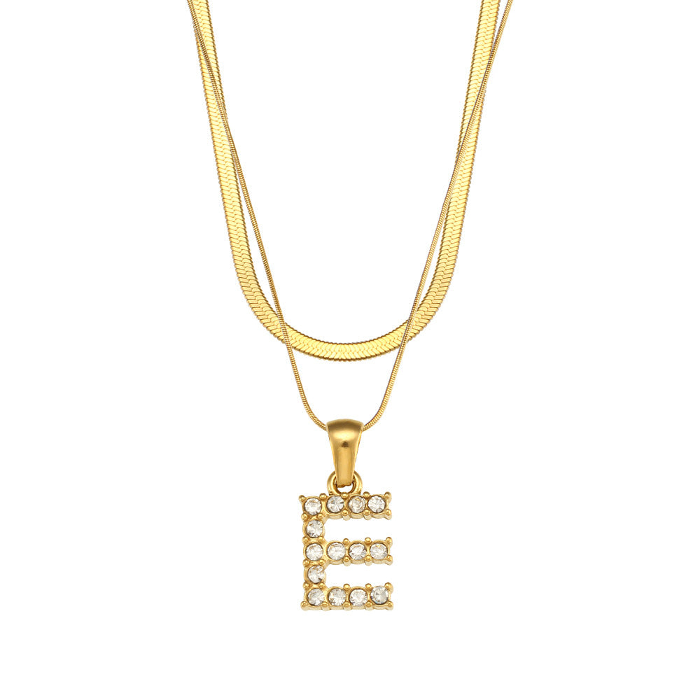 Fashion 18k Gold Plated Double-layer Chain Zircon Letter Stainless Steel Necklace