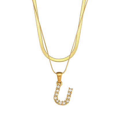 Fashion 18k Gold Plated Double-layer Chain Zircon Letter Stainless Steel Necklace