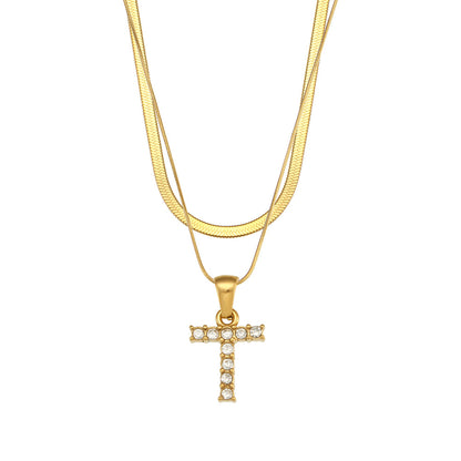 Fashion 18k Gold Plated Double-layer Chain Zircon Letter Stainless Steel Necklace