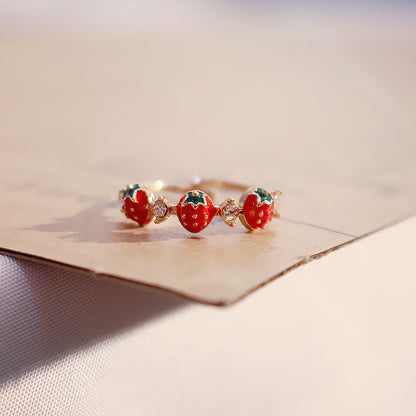 Creative Fashion Red Strawberry Inlaid Diamond Copper Open Ring