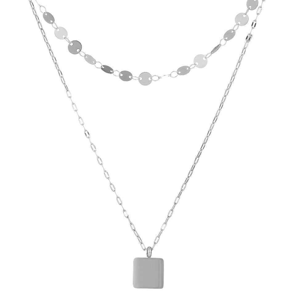 Ethnic Style Double-layer Square Metal Pendant Necklace Stainless Steel Clavicle Chain