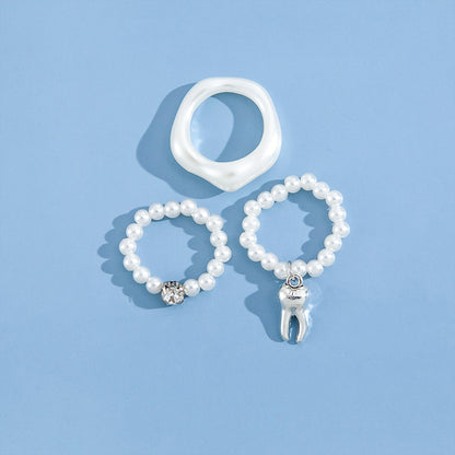 Women's Exquisite Fashion Imitation Pearl Beaded Elastic Teeth Pendant Ring Suit 3 Piece