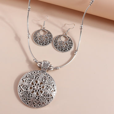 Fashion Retro Round Brand Pendant Necklace Earrings Suite