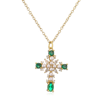 New Style Copper 18k Gold Plating Zircon Pearl Cross Pendant Necklace