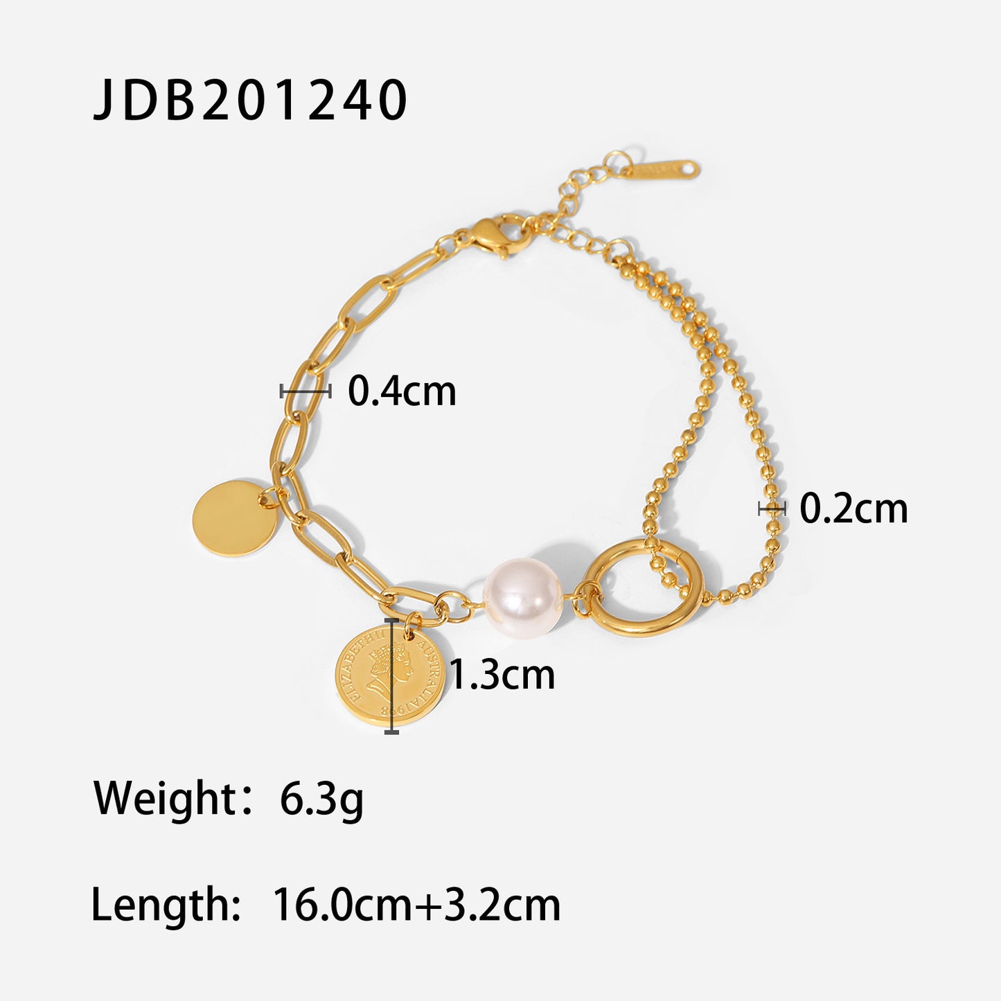 Retro Style Stainless Steel 18k Gold Plated Elizabeth Coin Pendant Pearl Ball Bead Chain Stitching Bracelet