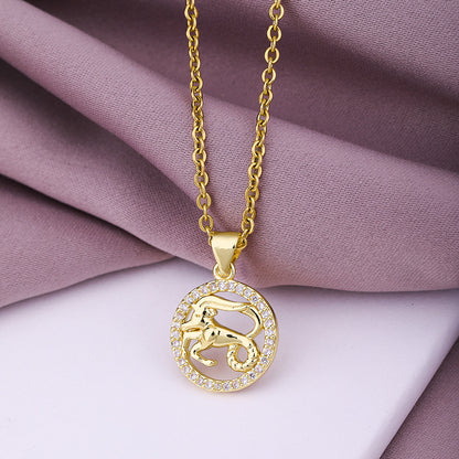Fashion Twelve Constellation Copper Inlaid Zircon Gold Plated Stainless Steel Pendant Necklace