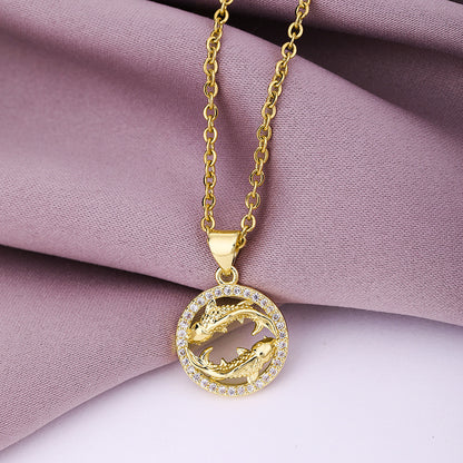 Fashion Twelve Constellation Copper Inlaid Zircon Gold Plated Stainless Steel Pendant Necklace