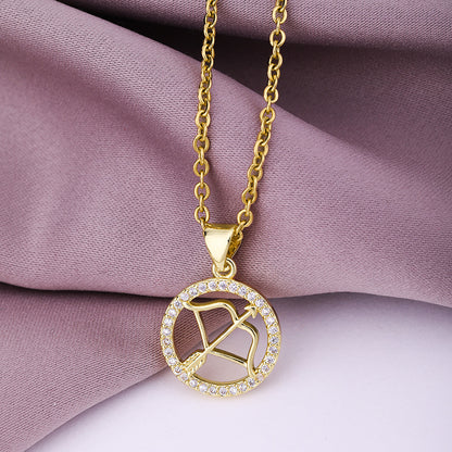 Fashion Twelve Constellation Copper Inlaid Zircon Gold Plated Stainless Steel Pendant Necklace