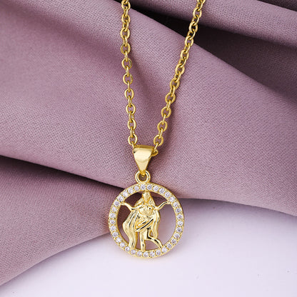 Fashion Twelve Constellation Copper Inlaid Zircon Gold Plated Stainless Steel Pendant Necklace