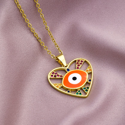 Fashion Evil Eye Copper Inlaid Zircon  Drop Oil Heart-shaped Pendant Stainless Steel Necklace