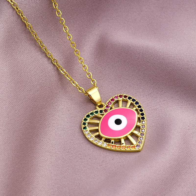 Fashion Evil Eye Copper Inlaid Zircon  Drop Oil Heart-shaped Pendant Stainless Steel Necklace