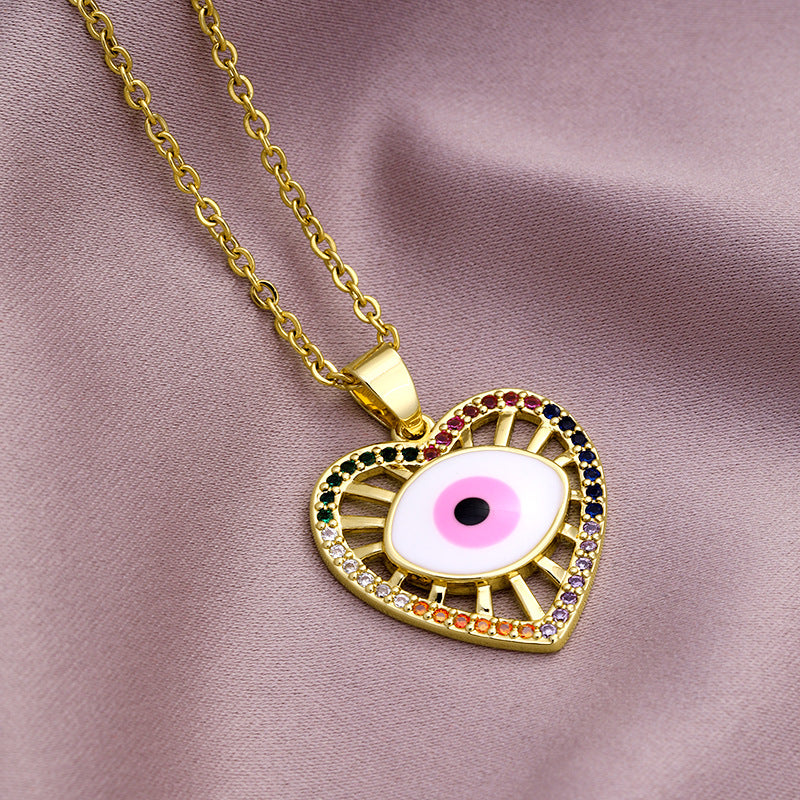 Fashion Evil Eye Copper Inlaid Zircon  Drop Oil Heart-shaped Pendant Stainless Steel Necklace