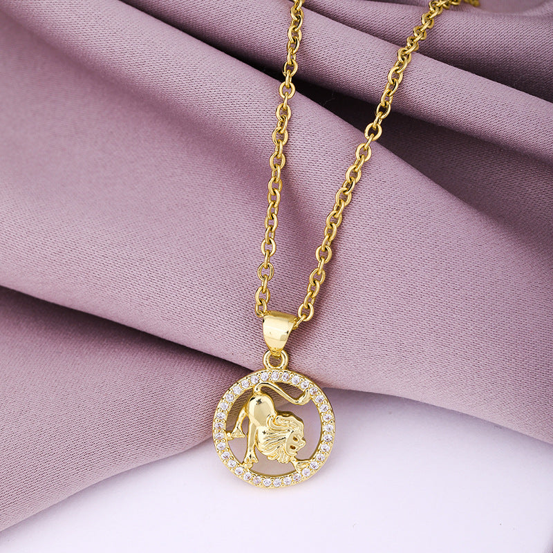 Fashion Twelve Constellation Copper Inlaid Zircon Gold Plated Stainless Steel Pendant Necklace