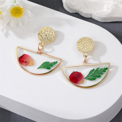 Cute Style Dried Flower Little Daisy Semicircle Transparent Pendant Earrings