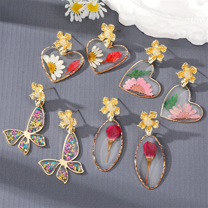 New Style Creative Rose Dried Flower Butterfly Heart-shaped Pendant Earrings