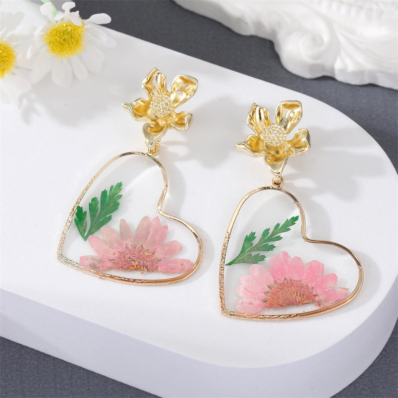 New Style Creative Rose Dried Flower Butterfly Heart-shaped Pendant Earrings