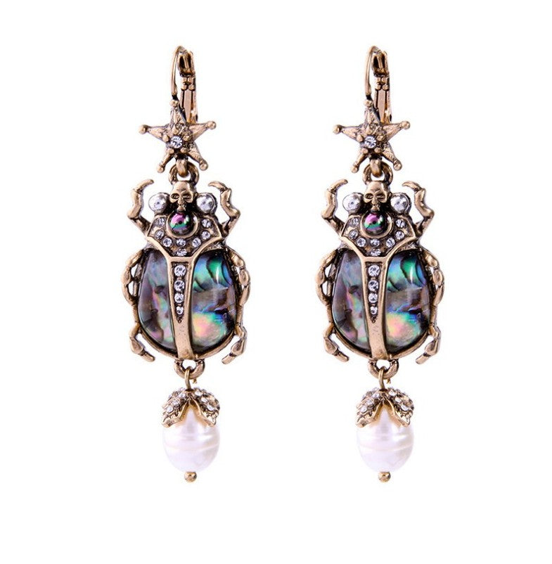 Alloy Diamond Retro Ladybird Colorful Pearl Gemstone Insect Alloy Earrings