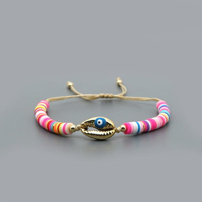 Bracelet Female Simple Bohemian Beach Wind Natural Shell Oil Drop Evil Eye Hand-woven Ceramic Mud Piece Friendship Rope