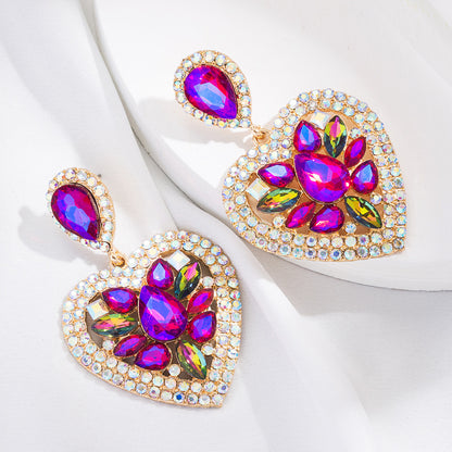 Fashion Multi-layer Heart-shaped Alloy Diamond-embedded Colorful Rhinestone Earrings