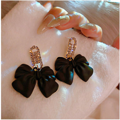 Fashion New Inlay Rhinestone Black Red Bow Alloy Stud Earrings