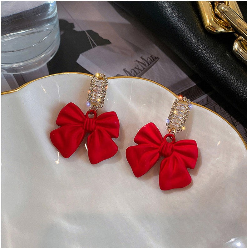 Fashion New Inlay Rhinestone Black Red Bow Alloy Stud Earrings