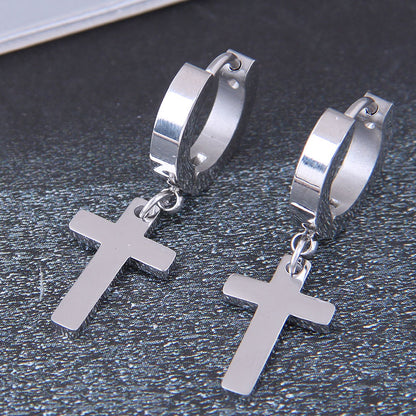 Trendy Silvery Golden Pendant Cross Shape Titanium Steel Hoop Earrings