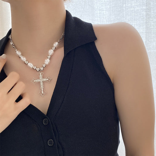 Fashion Cross Pearl Imitation Pearl Steel Aluminum-magnesium Alloy Women's Necklace
