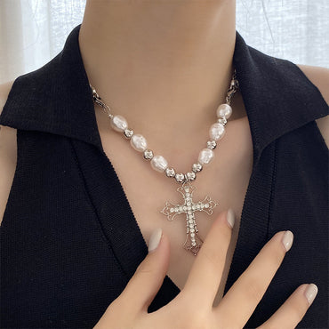 Fashion Cross Pearl Imitation Pearl Steel Aluminum-magnesium Alloy Women's Necklace