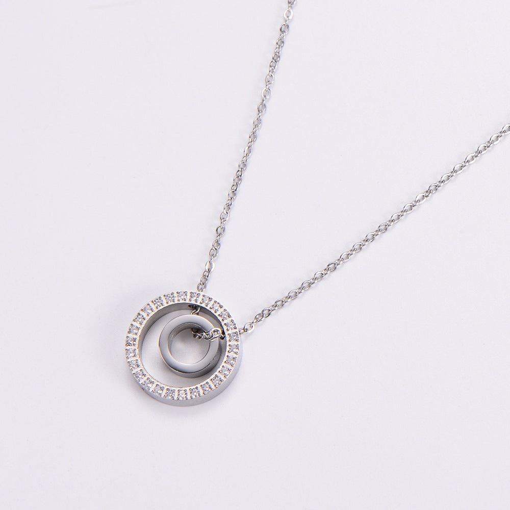 Fashion Simple Style Round Stainless Steel Diamond Rhinestones Pendant Necklace