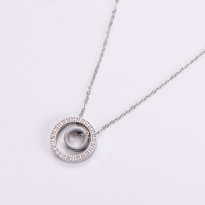 Fashion Simple Style Round Stainless Steel Diamond Rhinestones Pendant Necklace