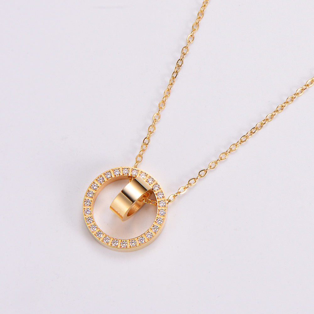 Fashion Simple Style Round Stainless Steel Diamond Rhinestones Pendant Necklace