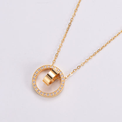 Fashion Simple Style Round Stainless Steel Diamond Rhinestones Pendant Necklace