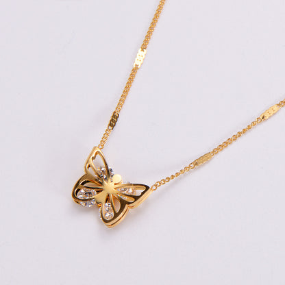 Fashion Butterfly Stainless Steel Diamond Rhinestones Pendant Necklace