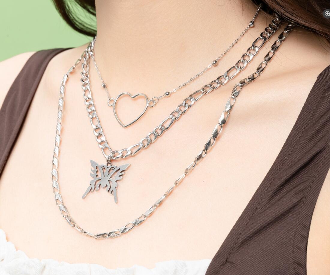 Fashion Stainless Steel Heart Shape Butterfly Necklace Daily 3 Pieces