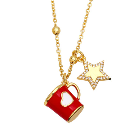 Fashion Copper Xingx Cup Heart Shape Necklace Enamel Zircon Copper Necklaces