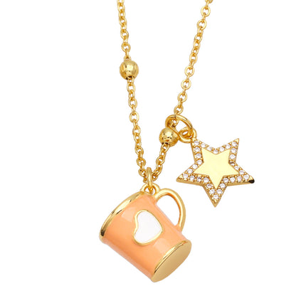 Fashion Copper Xingx Cup Heart Shape Necklace Enamel Zircon Copper Necklaces