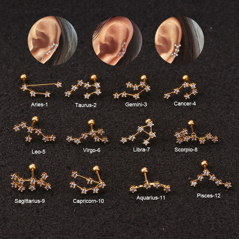 Women's Fashion Constellation Metal Ear Studs Inlay Zircon Body Jewelry