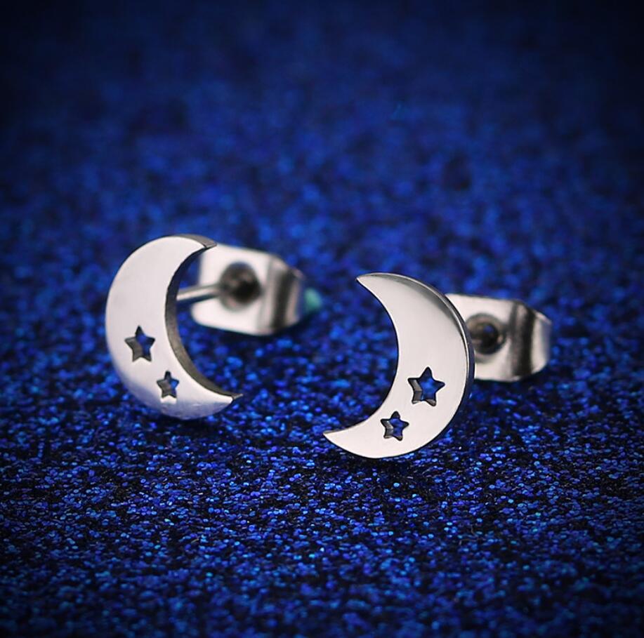 Women's Simple Style Moon Stainless Steel No Inlaid Ear Studs Hollow Out Stainless Steel Earrings