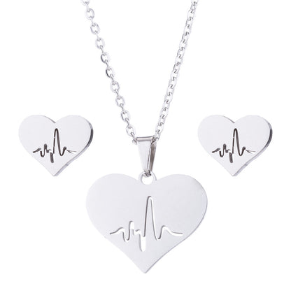 Women's Fashion Heart Stainless Steel Pendant Necklace Ear Studs Plating Jewelry Sets