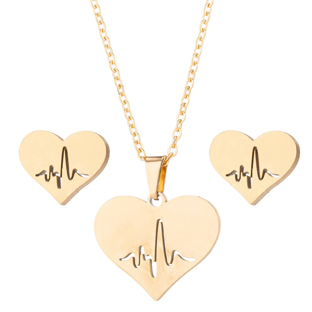 Women's Fashion Heart Stainless Steel Pendant Necklace Ear Studs Plating Jewelry Sets