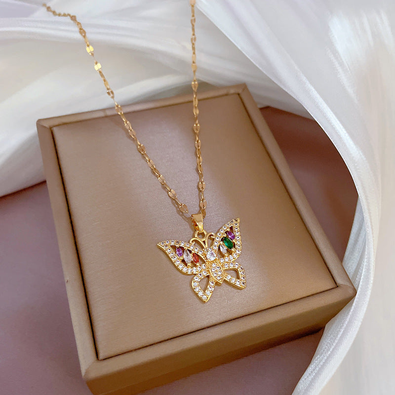 Ethnic Style Butterfly Titanium Steel Copper Inlay Zircon Pendant Necklace