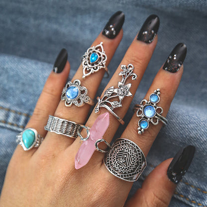 Retro Geometric Flower Alloy Inlay Turquoise Rings