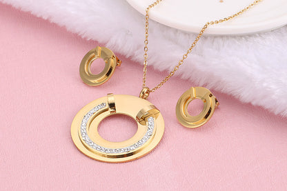 European And American Fashion Gold Plated Titanium Steel Accessories Diamond Studded Hollow Women's Jewelry Necklace And Earrings Suite Factory Wholesale