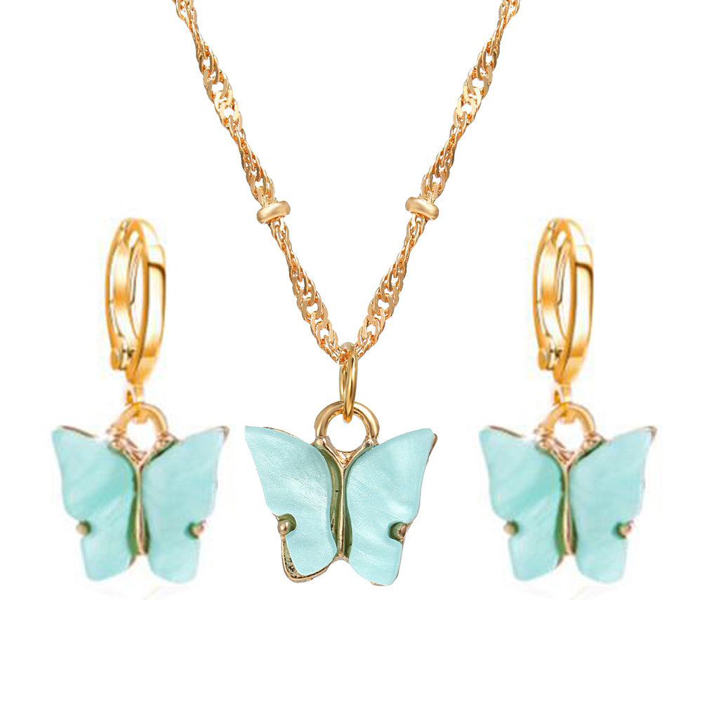 Women's Fashion Butterfly Arylic Alloy Earrings Necklace Splicing No Inlaid Jewelry Sets